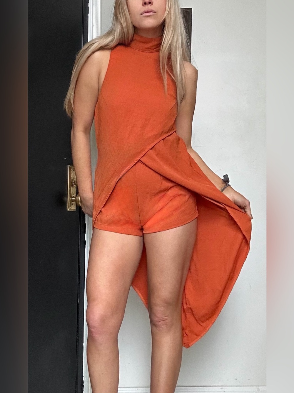 Mika & Gala Burnt Orange High-Low Romper Dress